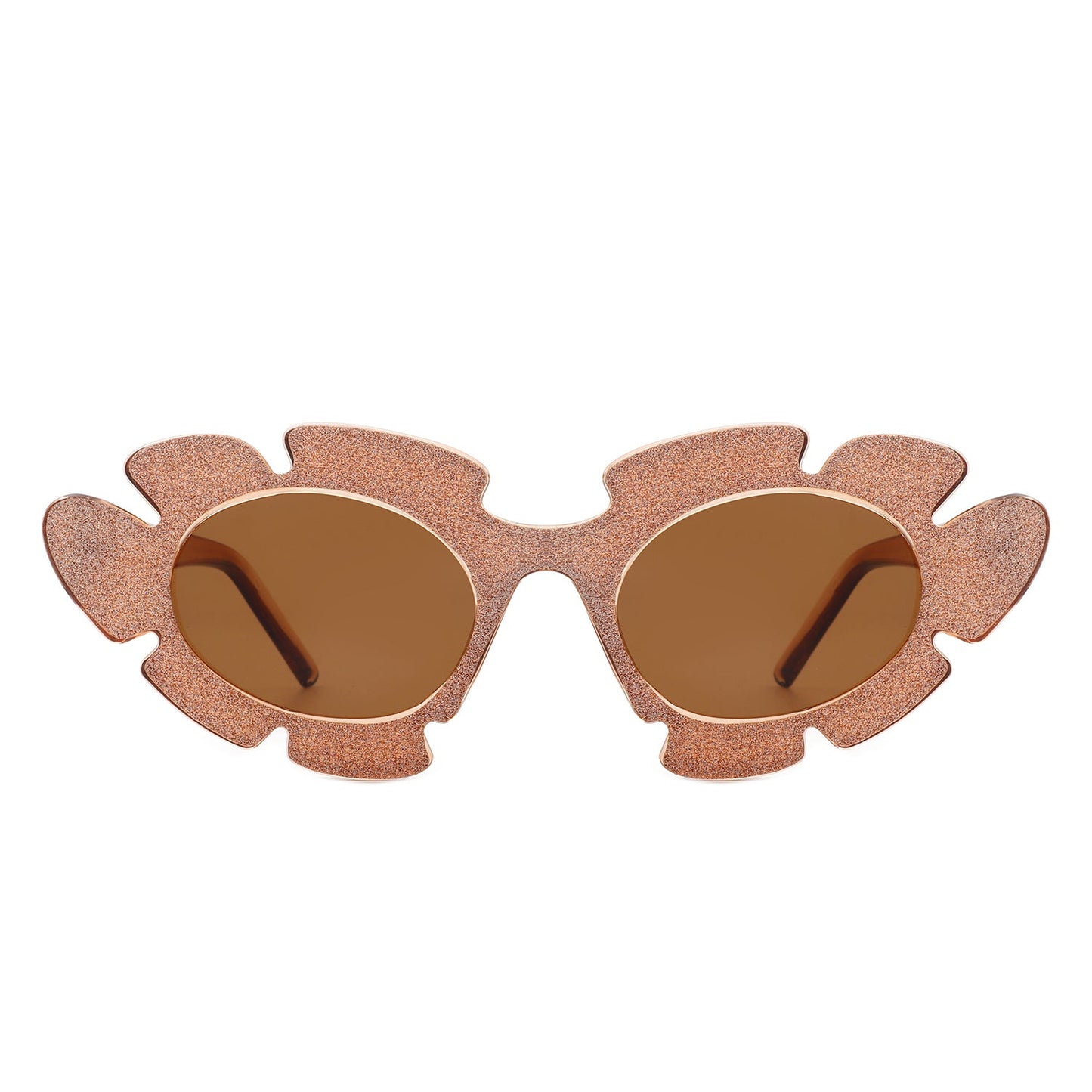 Quiveria Cut-Out Cat-Eye Flower Sunglasses with brown glitter frames (front view)