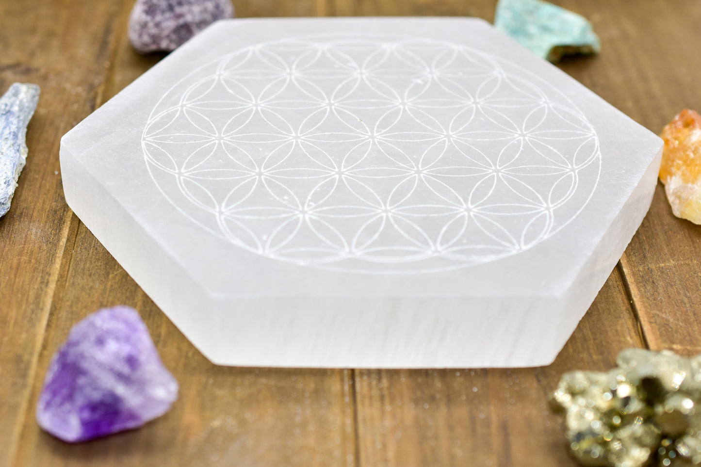 This is a Flower of Life Laser Engraved Selenite Plates
