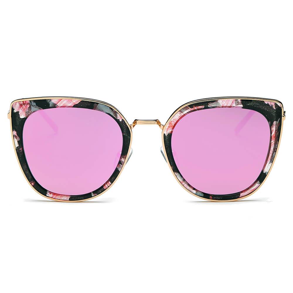 Polarized Cat Eye Rim Sunglasses gold rim floral pink frame pink lens front view