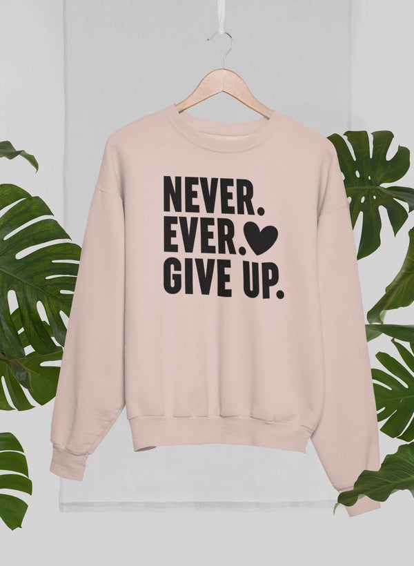 Pink long sleeved sweatshirt with black lettering that says Never Ever Give up. with a black heart.