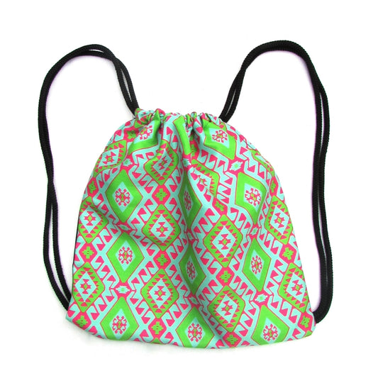 Amulet Drawstring Backpack - green, pink and white with black straps