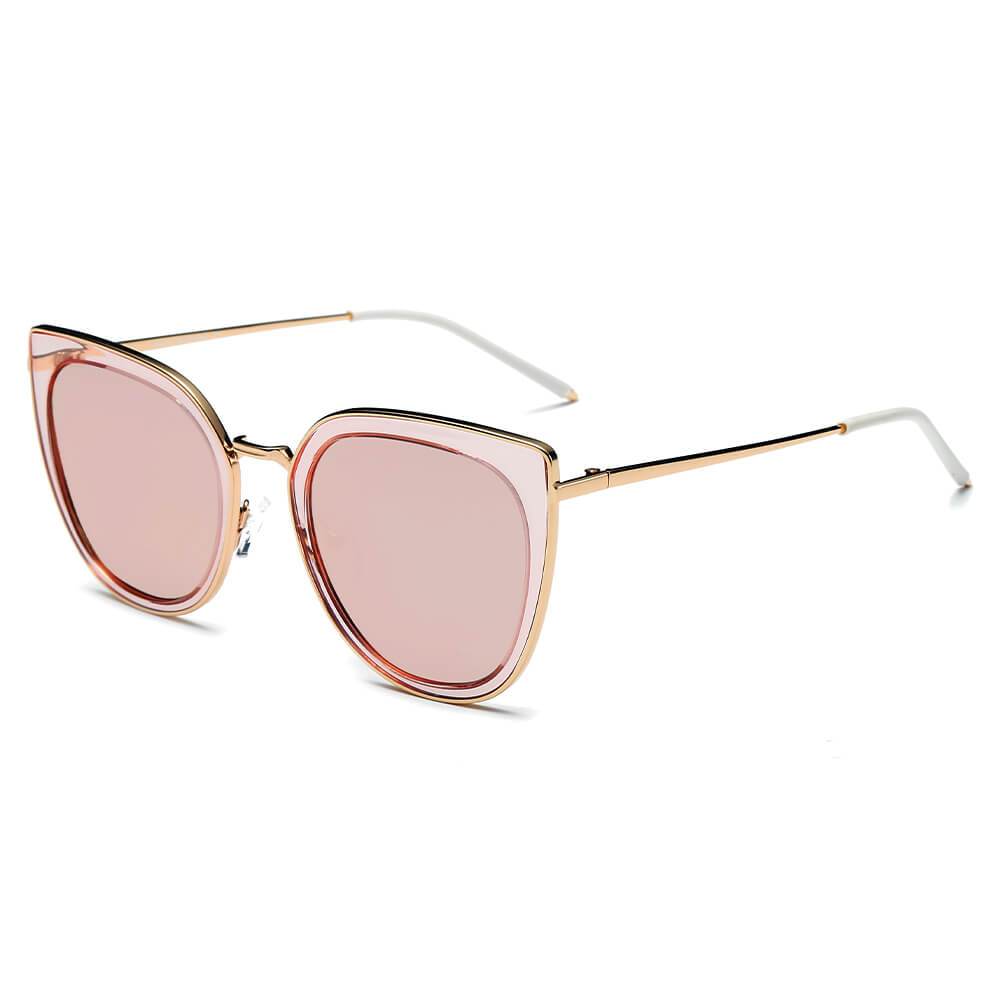 Polarized Cat Eye Rim Sunglasses gold rim clear pink frame peach lens side view