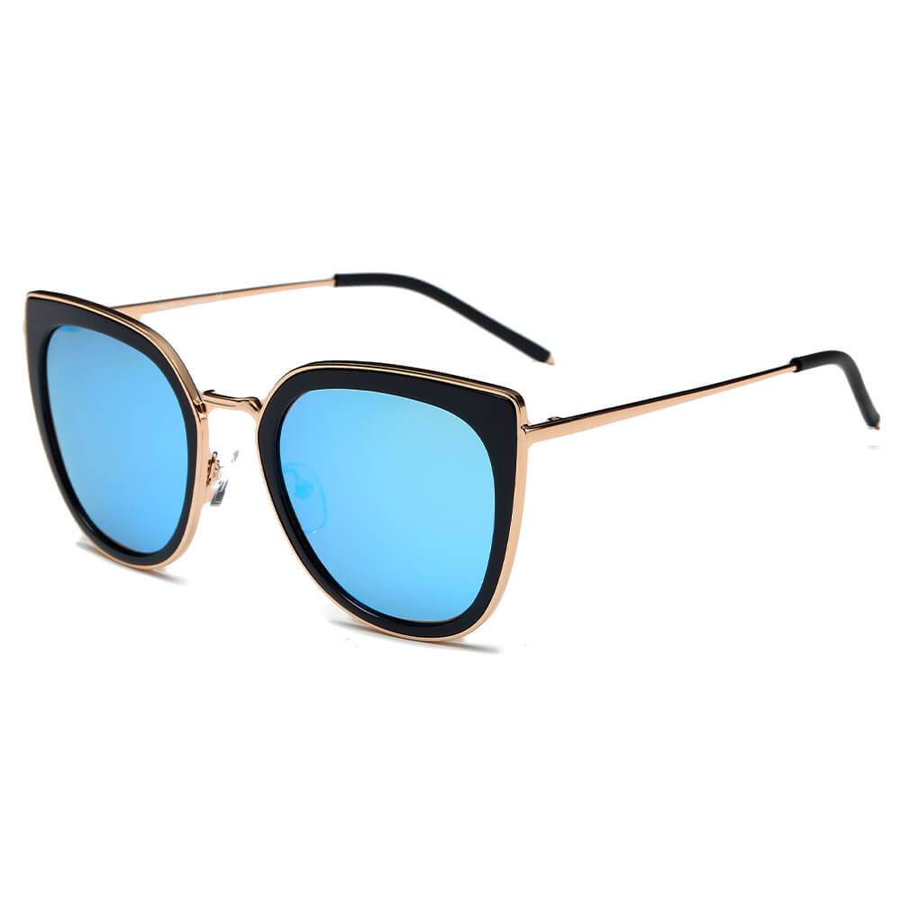 Polarized Cat Eye Rim Sunglasses gold rim matte gold frame blue lens side view