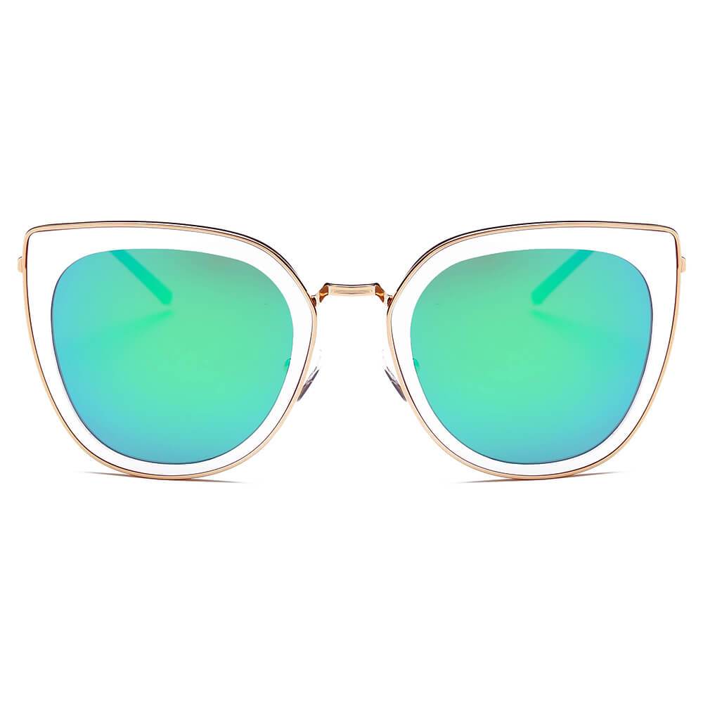 Polarized Cat Eye Rim Sunglasses gold rim white frame green lens front view