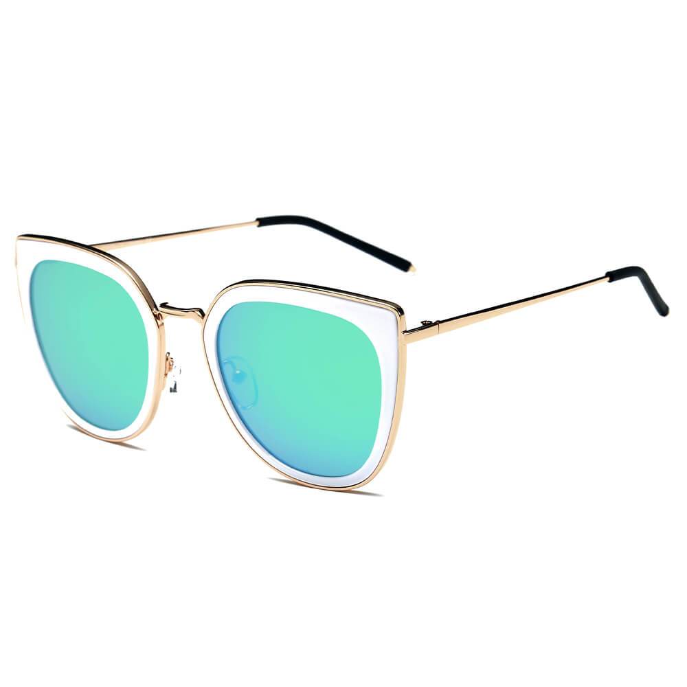 Polarized Cat Eye Rim Sunglasses gold rim white frame green lens side view