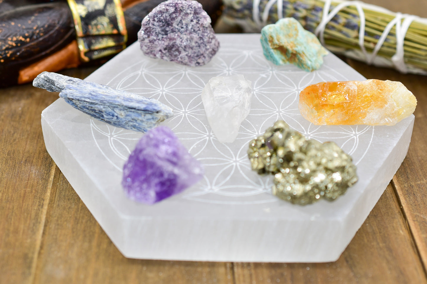 This is a Flower of Life Laser Engraved Selenite Plates