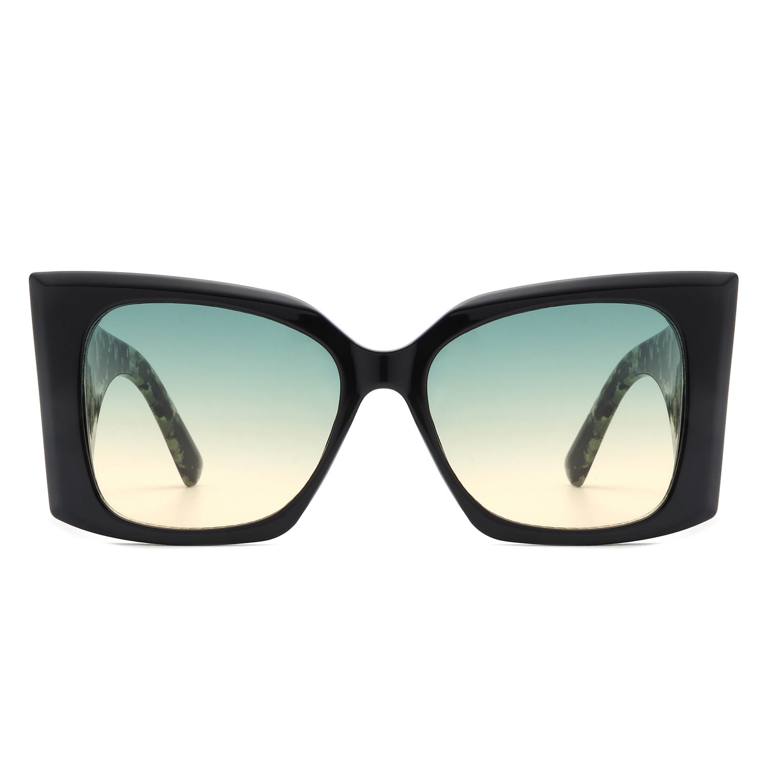 Skydusts Oversize Chunky Sunglasses with black front frames and green tortoise side (front view)