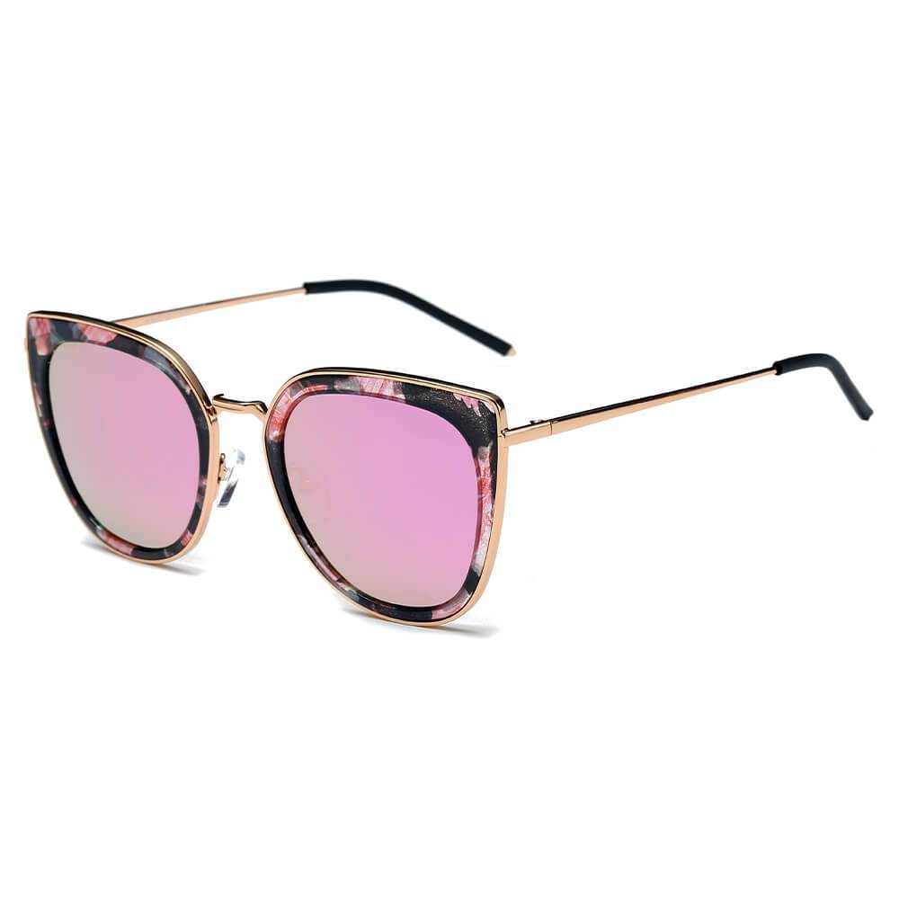 Polarized Cat Eye Rim Sunglasses gold rim floral pink frame pink lens side view