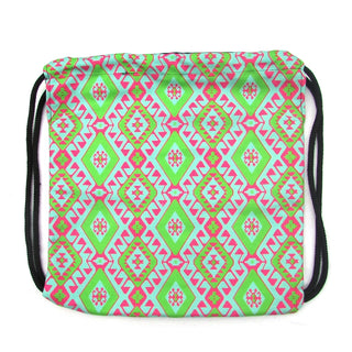 Amulet Drawstring Backpack - green, pink and white with black straps