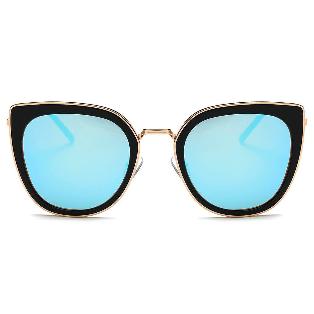 Polarized Cat Eye Rim Sunglasses gold rim matte gold frame blue lens front view
