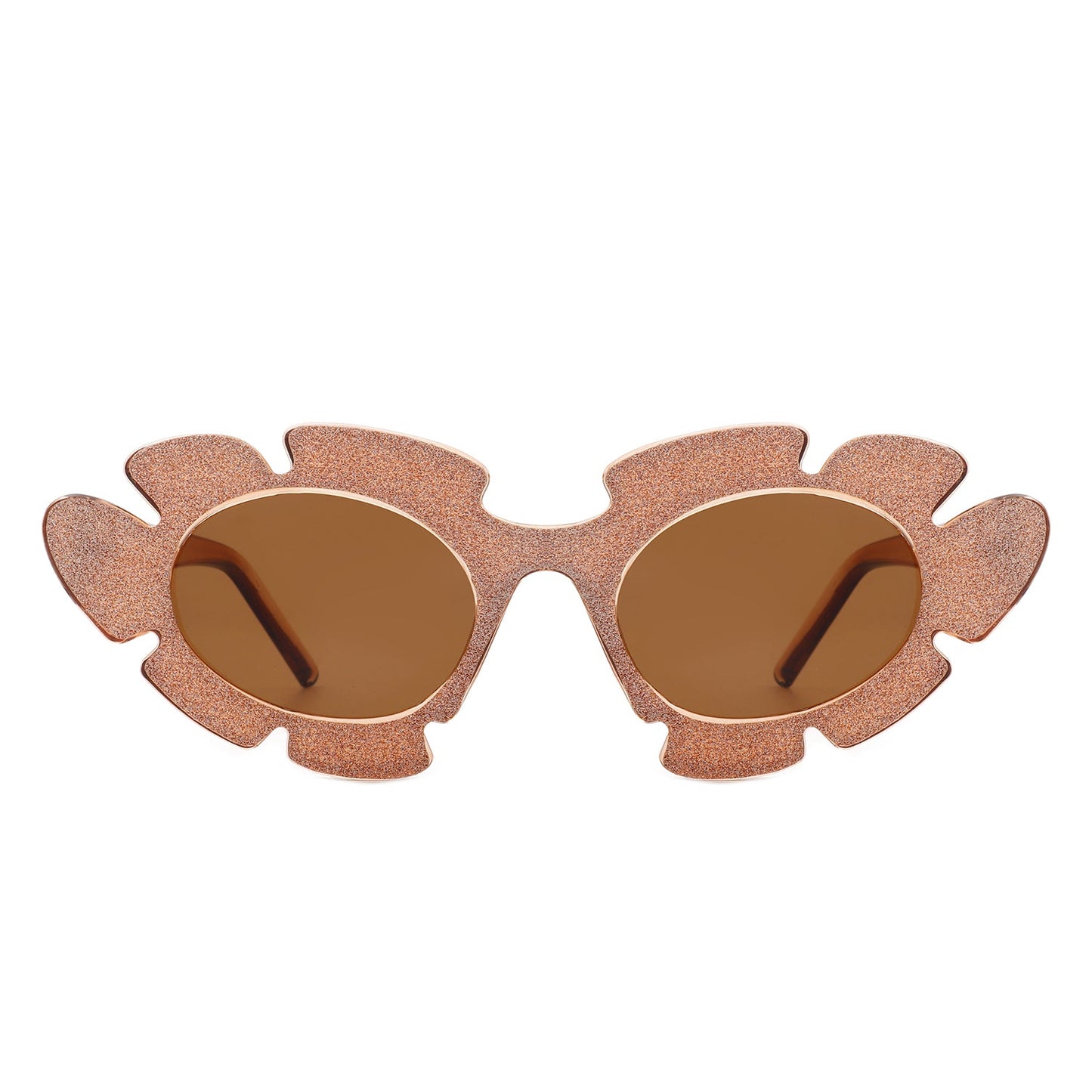 Quiveria Cut-Out Cat-Eye Flower Sunglasses with brown glitter frames (front view)