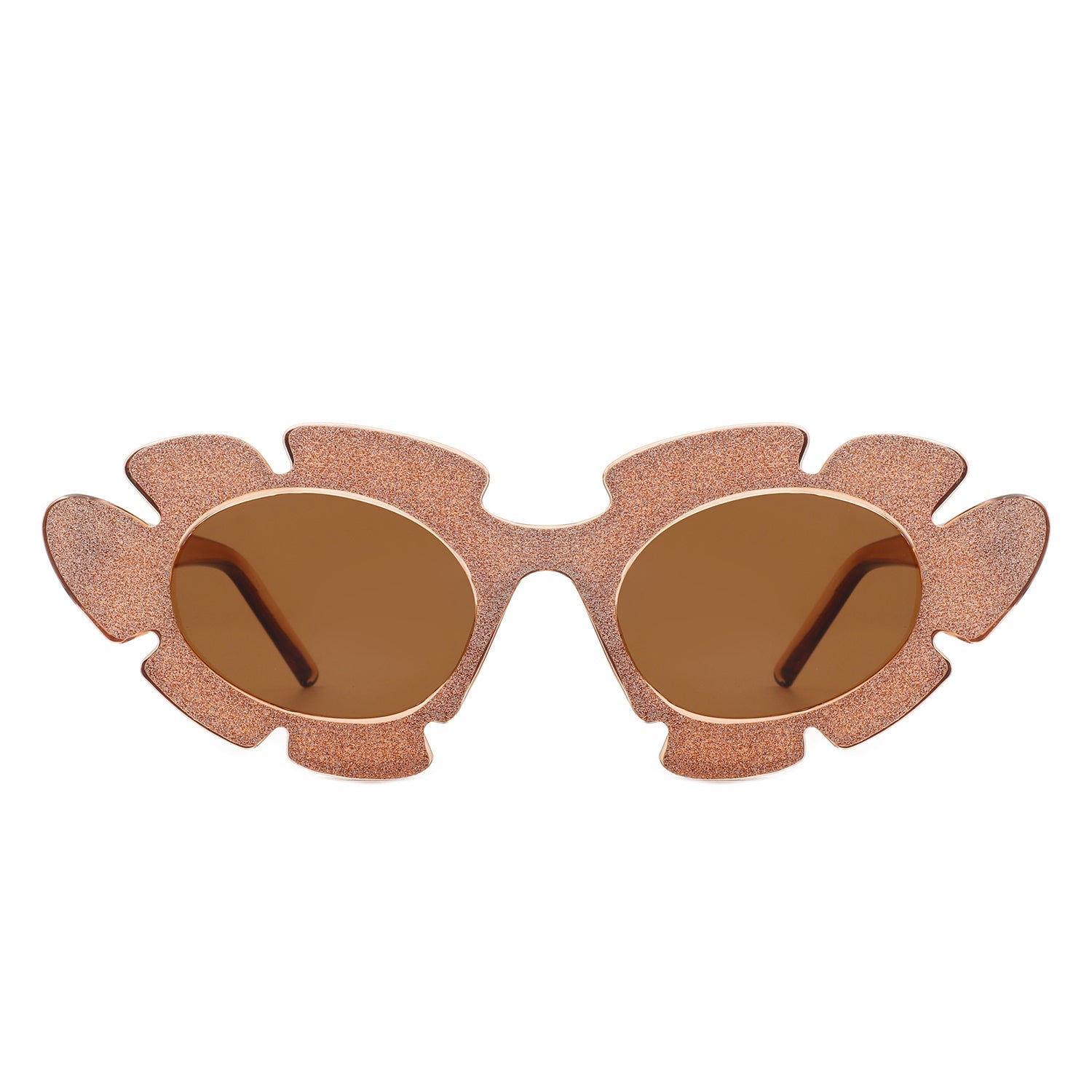 Quiveria Cut-Out Cat-Eye Flower Sunglasses with brown glitter frames (front view)