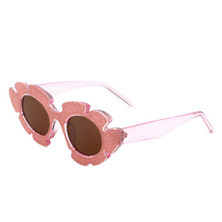 Quiveria Cut-Out Cat-Eye Flower Sunglasses with purple-pink glitter frames (side view)