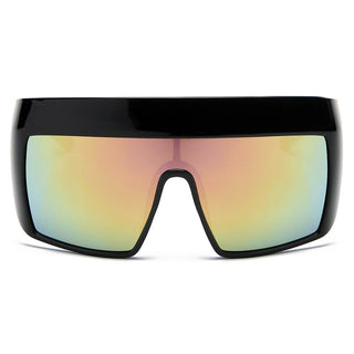 FOLSOM Oversize Shield Sunglasses with black frames and peach lens (front view).