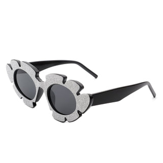 Quiveria Cut-Out Cat-Eye Flower Sunglasses with silver glitter frames (side view)