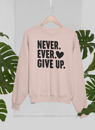 Pink long sleeved sweatshirt with black lettering that says Never Ever Give up. with a black heart. 
