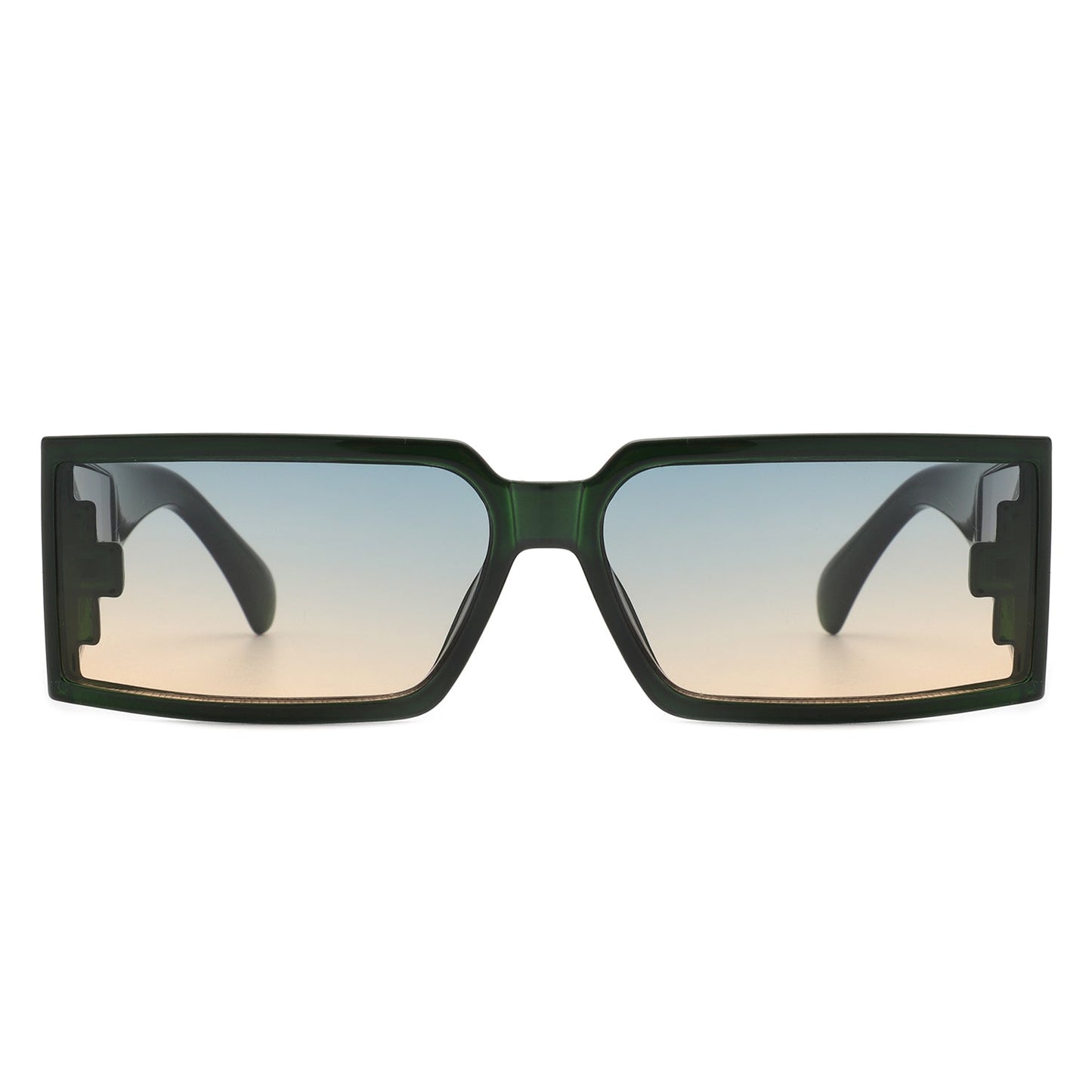 Retro Wraparound Sunglasses with green frames (front view).