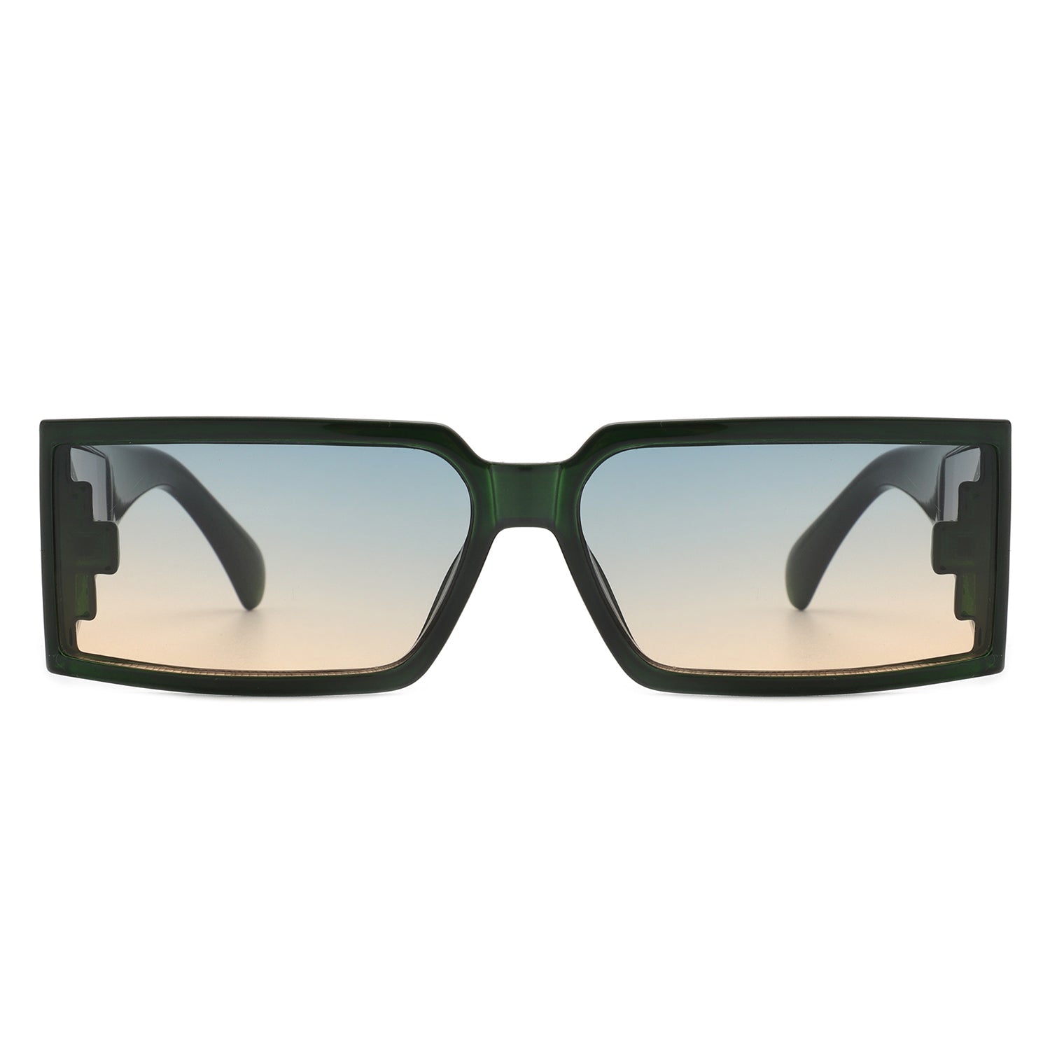 Retro Wraparound Sunglasses with green frames (front view).