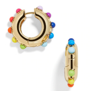 Ally Rainbow Earrings - Gold plated thick huggies with rainbow color dots - front and side view