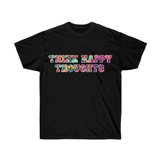 Black t-shirt with colorful retro hippie text saying "Think Happy Thoughts" across the chest - front view