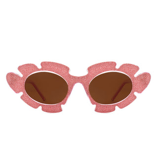 Quiveria Cut-Out Cat-Eye Flower Sunglasses with purple-pink glitter frames (front view)