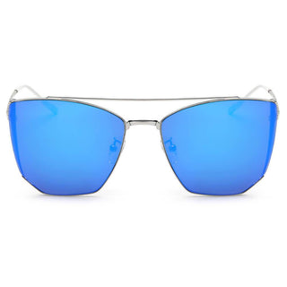 Polygon Cat Eye Mirrored Lens Sunglasses silver rim blue lens front view
