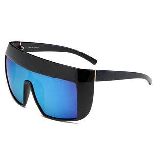 FOLSOM Oversize Shield Sunglasses with black frames and blue lens (side view).