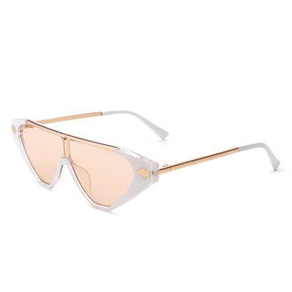 Zedillia Triangle Retro Sunglasses with white and gold frames and nude lens (side view).
