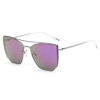 Polygon Cat Eye Mirrored Lens Sunglasses silver rim purple lens side view
