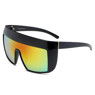 FOLSOM Oversize Shield Sunglasses with black frames and orange lens (side view).