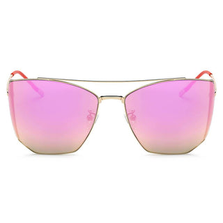 Polygon Cat Eye Mirrored Lens Sunglasses gold rim pink lens front view