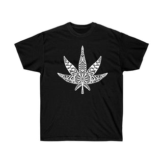 Black t-shirt with white mandala patterned cannabis leaf across chest - front view