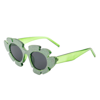 Quiveria Cut-Out Cat-Eye Flower Sunglasses with green glitter frames (side view)