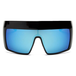 FOLSOM Oversize Shield Sunglasses with black frames and blue lens (front view).