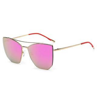 Polygon Cat Eye Mirrored Lens Sunglasses gold rim pink lens side view