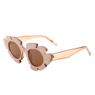 Quiveria Cut-Out Cat-Eye Flower Sunglasses with brown glitter frames (side view)