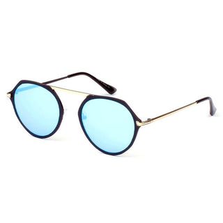 Modern Flat Top Slender Frame Sunglasses gold and black frame blue lens side view