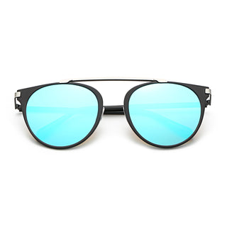 Modern Horn Rimmed Metal Frame Sunglasses silver, black frame, blue lens front folded view