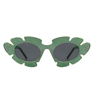Quiveria Cut-Out Cat-Eye Flower Sunglasses with green glitter frames (front view)