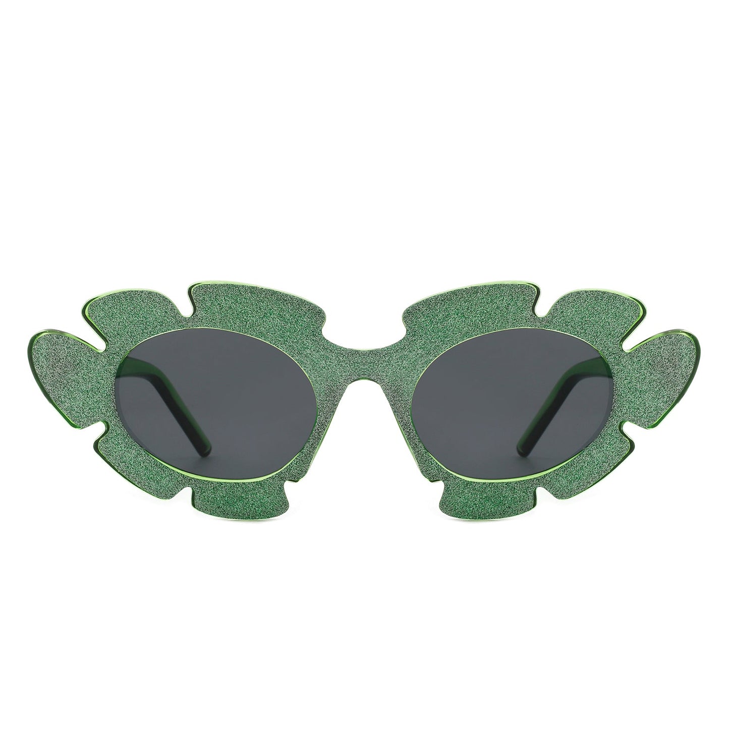 Quiveria Cut-Out Cat-Eye Flower Sunglasses with green glitter frames (front view)