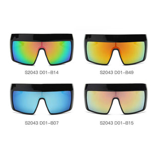 4 FOLSOM Oversize Shield Sunglasses lens colors (rainbow, orange, peach, blue) with black frames (side view).