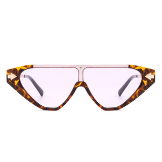 Zedillia Triangle Retro Sunglasses with brown and gold frames and pink lens (front view).