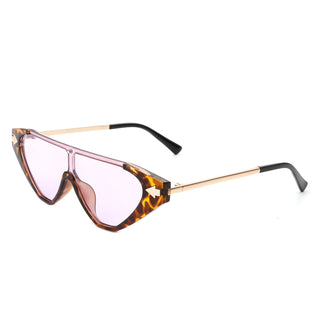 Zedillia Triangle Retro Sunglasses with brown and gold frames and pink lens (side view).