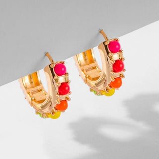 Ally Rainbow Earrings - Gold plated thick huggies with rainbow color dots - pink hues