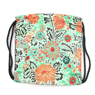 Garden Drawstring Backpack in green, orange white, and black floral pattern with black straps