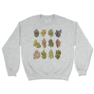 Heather grey crewneck sweatshirt with 3 rows of 4 weed nuggets.
