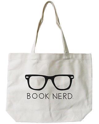 Book Nerd Natural Canvas Tote Bag with black type and glasses