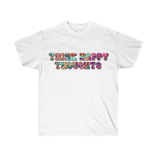 White t-shirt with colorful retro hippie text saying "Think Happy Thoughts" across the chest - front view