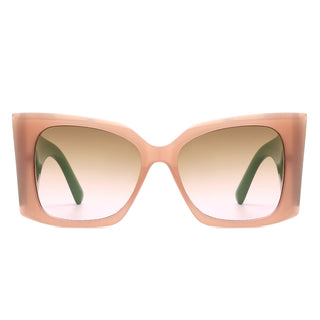 Skydusts Oversize Chunky Sunglasses with nude front frames and green side (front view).