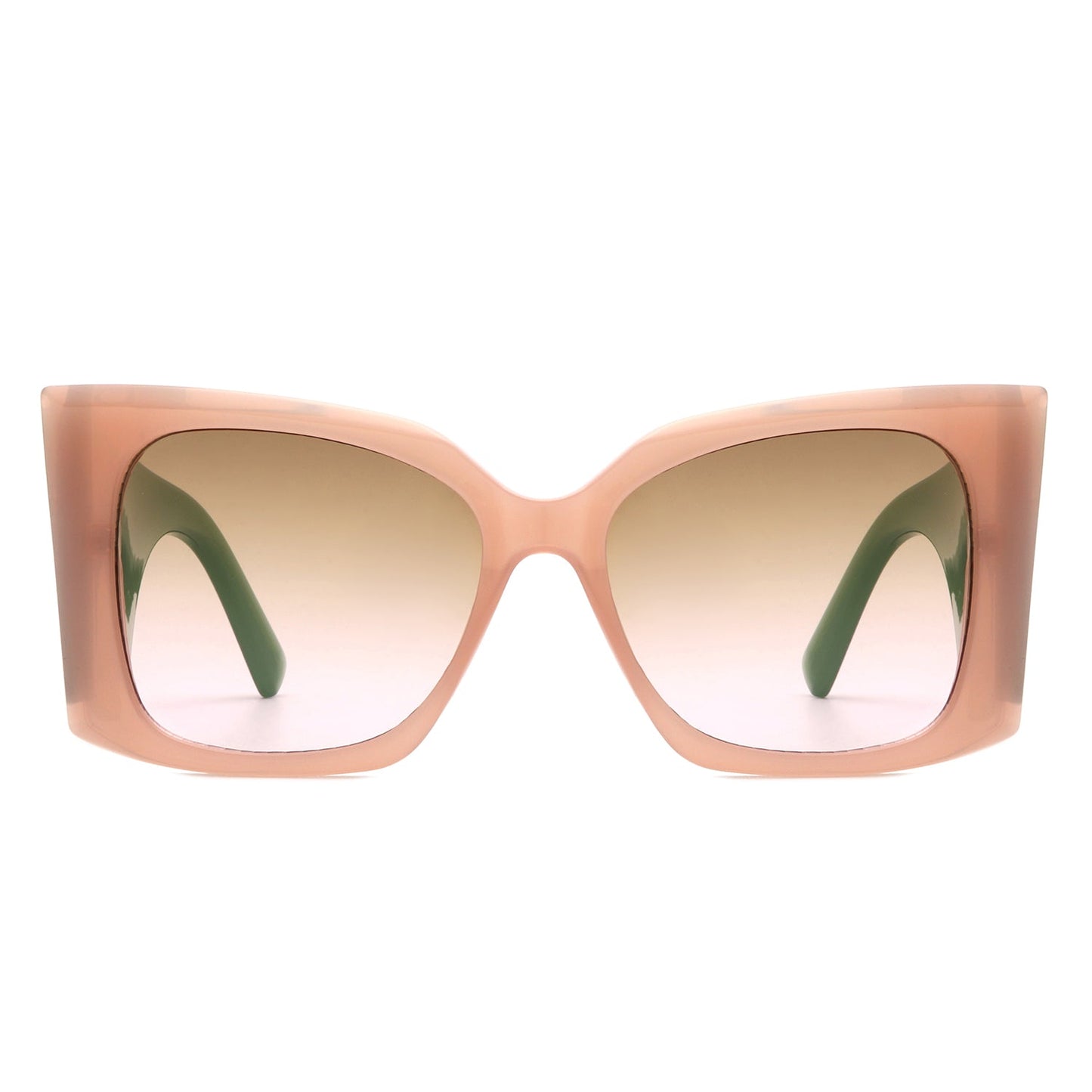 Skydusts Oversize Chunky Sunglasses with nude front frames and green side (front view).